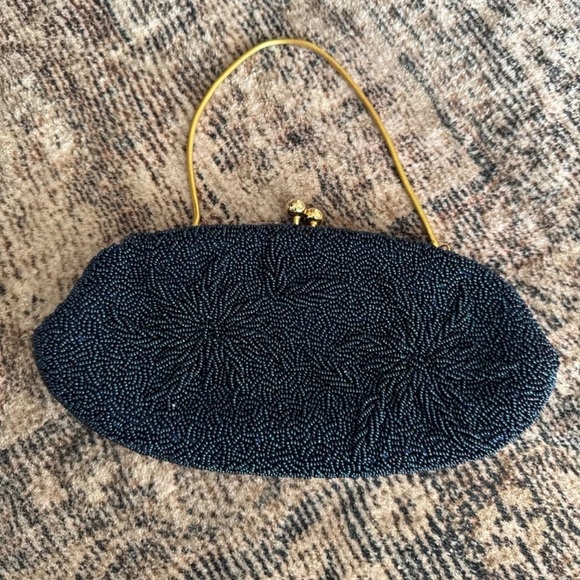 Vintage Blue beaded Floral design Gold chain Clutch Purse - Picture 2 of 12